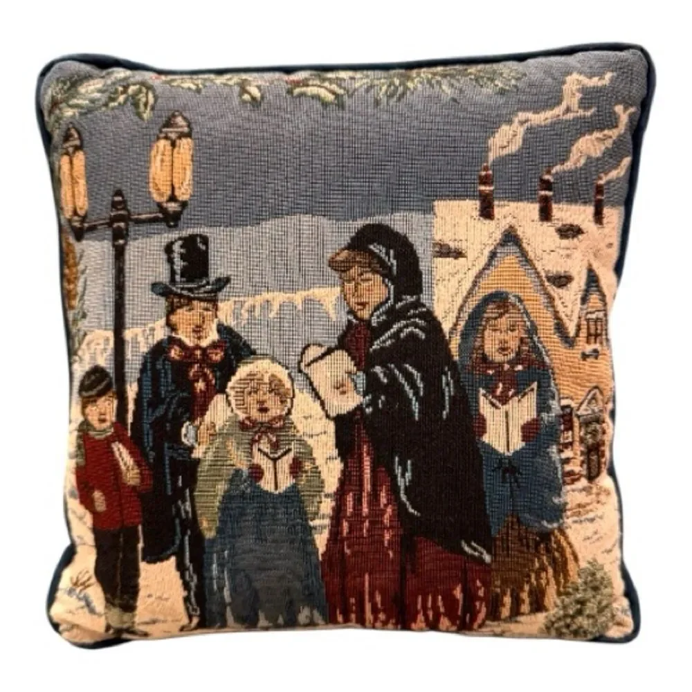 Tapestry Pillow with Carolers Holiday Christmas